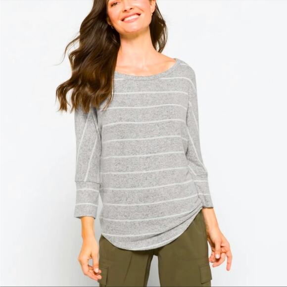 𝅺Stitch Fix Market & Spruce Corinna Brushed Knit Top Gray Stripe Shirt Cozy M - Picture 1 of 6